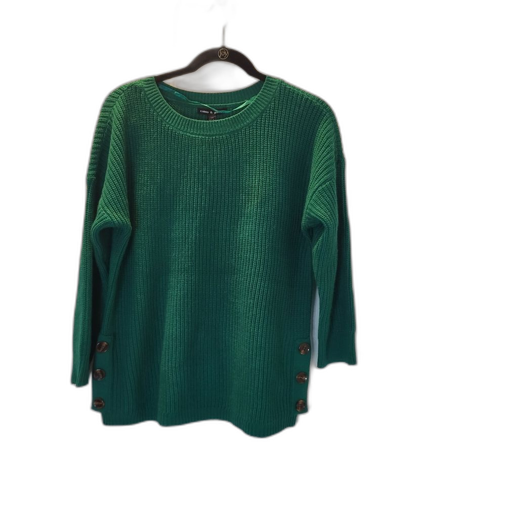 NWT Cable & Gauge Kelly  Green Crew Neck Sweater with Button Accents - Large